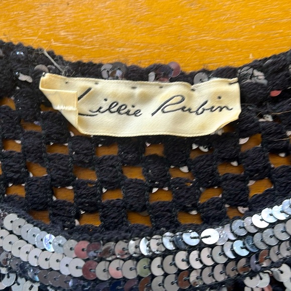 Vintage Lillie Rubin Sequin Sweater Black Knit Checkerboard Cutout Crochet ILGWU - Picture 5 of 17